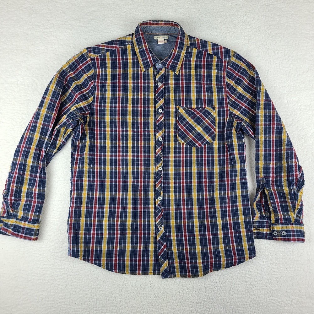 Carbon2 Cobalt Dress Shirt Mens Large Blue Red yellow Plaid Seersucker Button Up